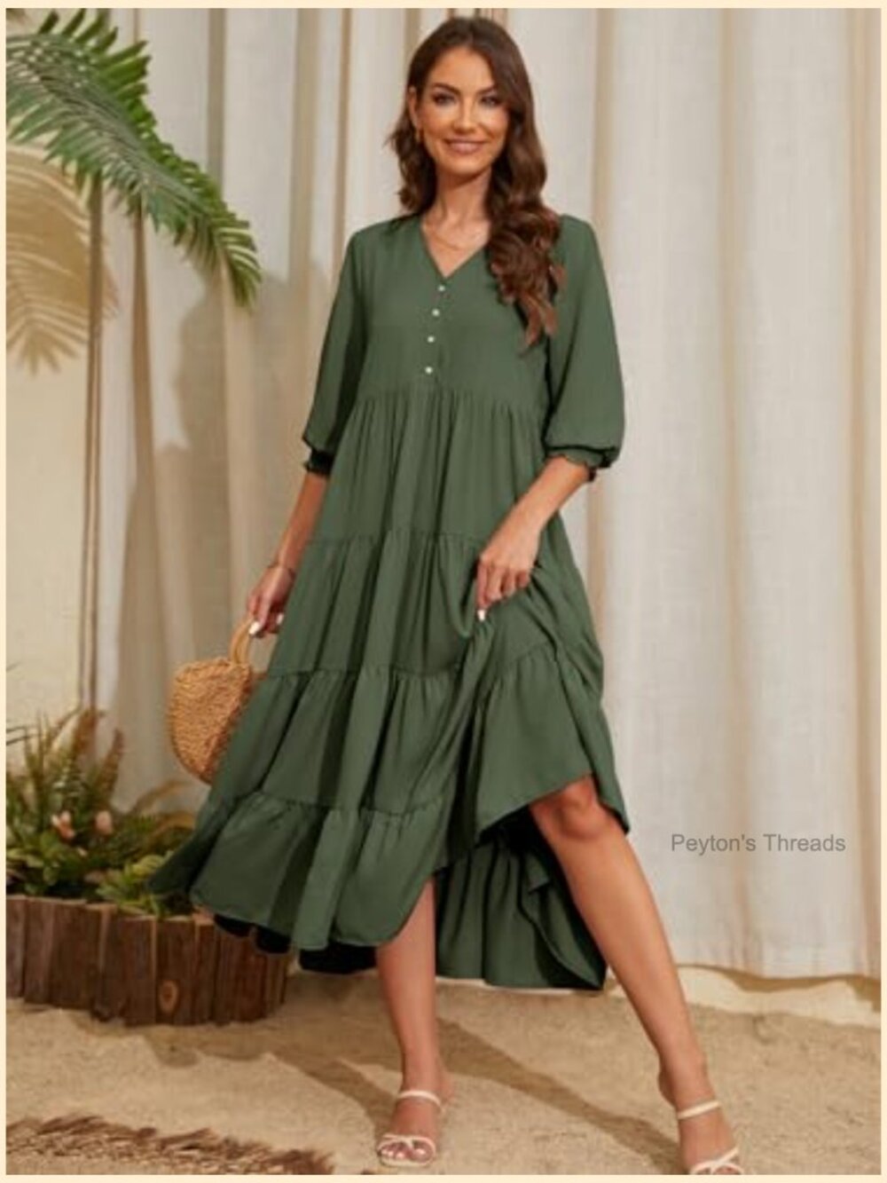 V Neck Boho Midi Dress Puff Sleeve High Waist Floral Smocked Flowy Ruffle - Picture 5 of 6